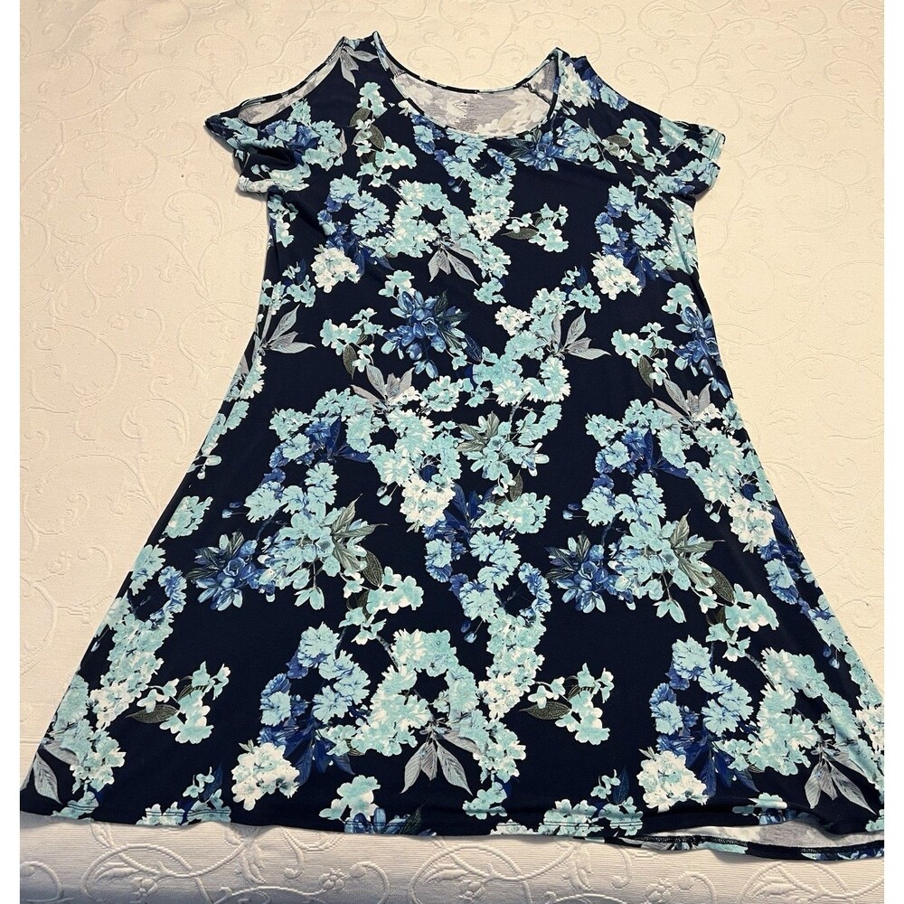 St. John's Bay Floral Cold Shoulder Swing Dress XL Navy Blue Cyan